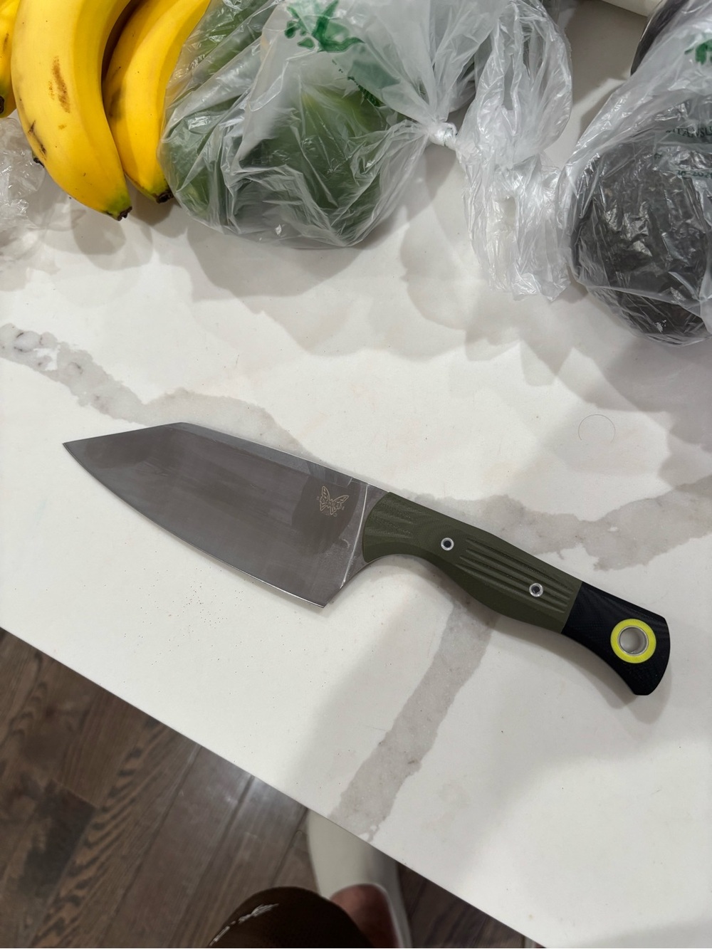 Benchmade Two-Tone Olive Green and Black Chef Knife with Yellow Accent